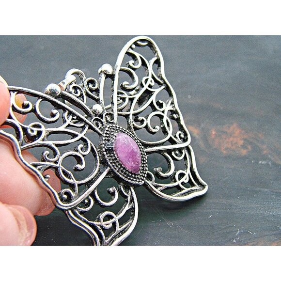 Butterfly Combination Pendant and Brooch Silver Filigree Purple Amethyst Stone - Picture 5 of 11